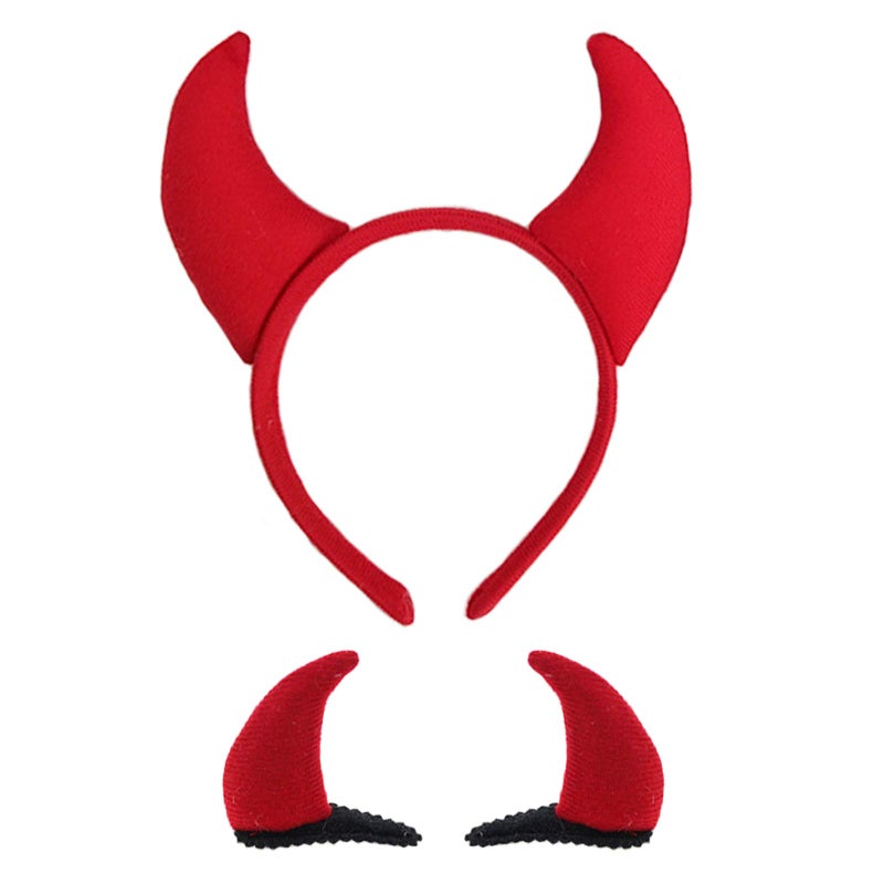 CBLUO Halloween Devil Headband Hair Clips Devil Horns Ears Hair Hoops Barrettes Red Fluffy Headpiece Hairband Hair Bands Hair Pins Hairpin Women Party Decoration Cosplay Costume Hair Accessories 2 Pack - Image 1